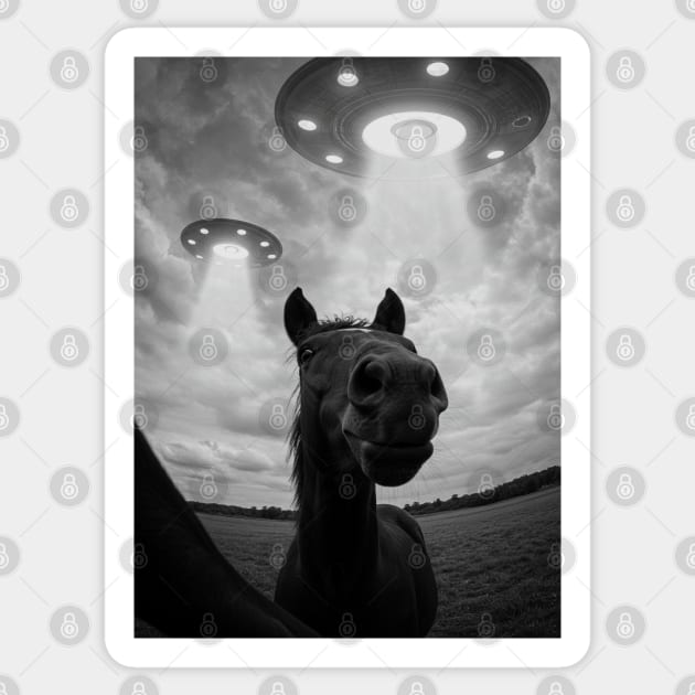 Funny Horse Selfie with UFOs on a Farm Sticker by Megadorim